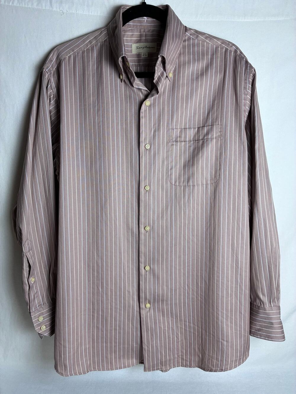 Tommy Bahama Mens Button Down Shirt 15.5 32 33 Medium Tan Stripe Long Sleeve